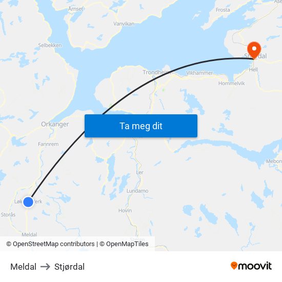 Meldal to Stjørdal map