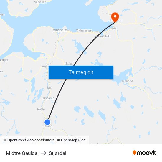 Midtre Gauldal to Stjørdal map