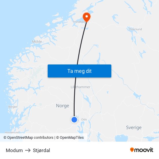 Modum to Stjørdal map