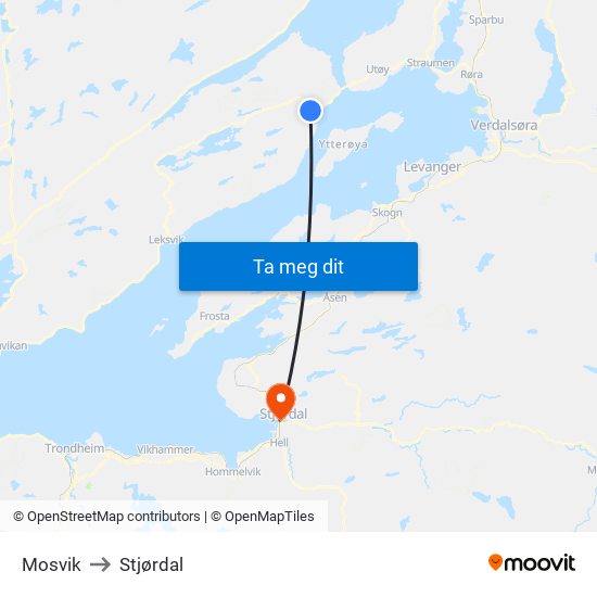 Mosvik to Stjørdal map