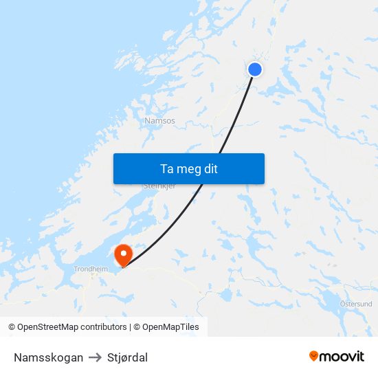 Namsskogan to Stjørdal map