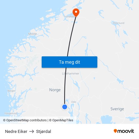 Nedre Eiker to Stjørdal map