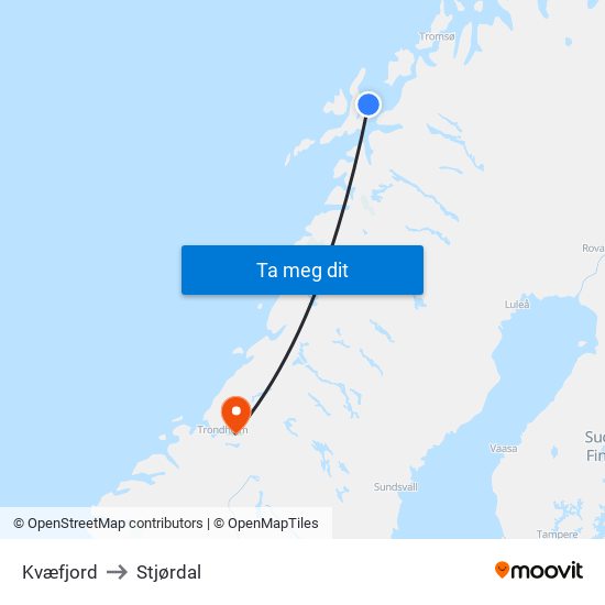 Kvæfjord to Stjørdal map