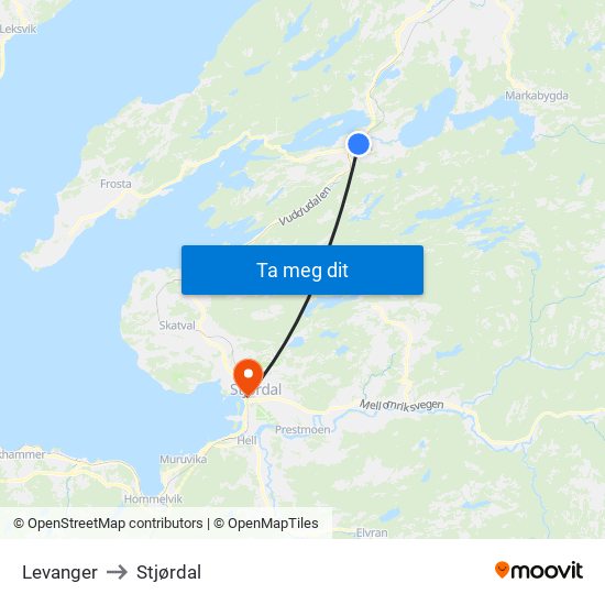 Levanger to Stjørdal map