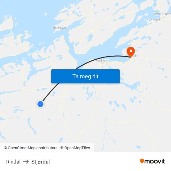 Rindal to Stjørdal map