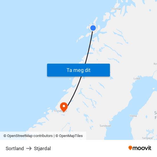 Sortland to Stjørdal map