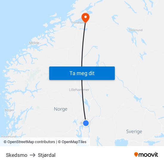 Skedsmo to Stjørdal map