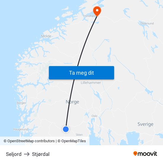 Seljord to Stjørdal map