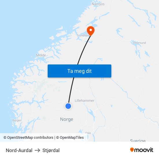 Nord-Aurdal to Stjørdal map