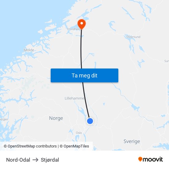 Nord-Odal to Stjørdal map