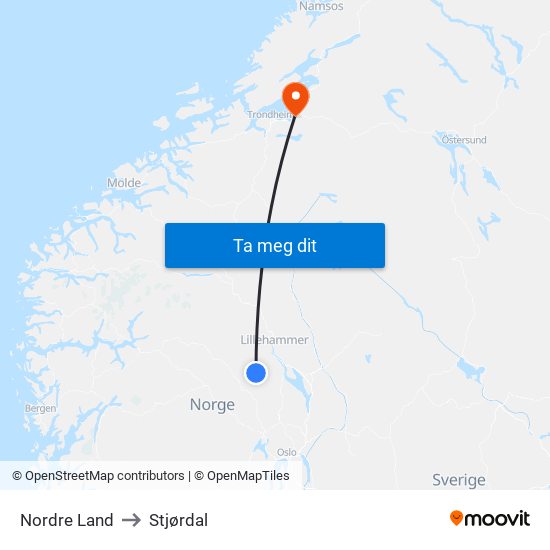 Nordre Land to Stjørdal map