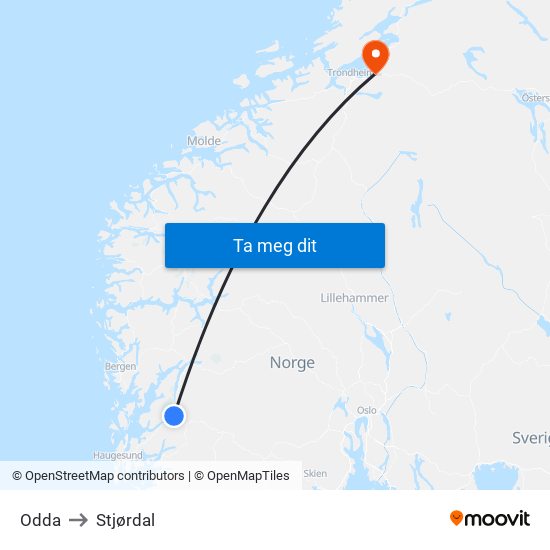 Odda to Stjørdal map