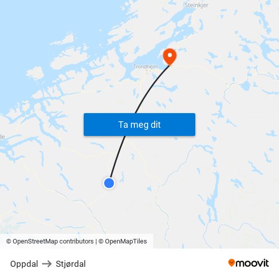 Oppdal to Stjørdal map