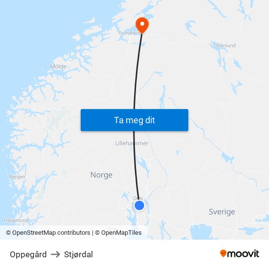 Oppegård to Stjørdal map