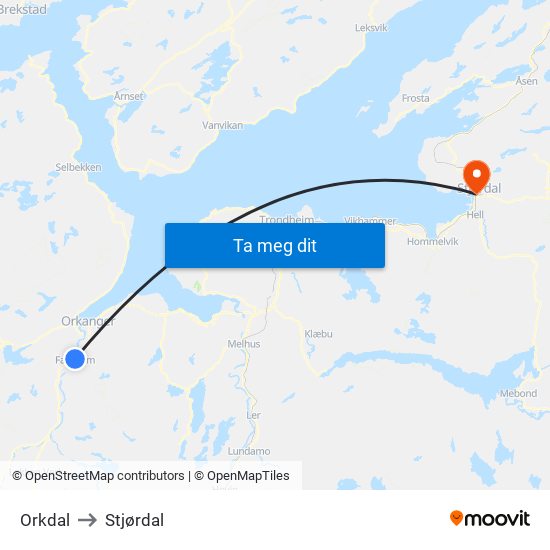 Orkdal to Stjørdal map