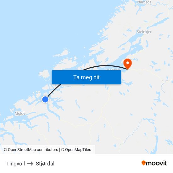Tingvoll to Stjørdal map