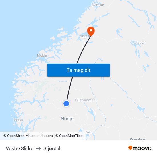 Vestre Slidre to Stjørdal map