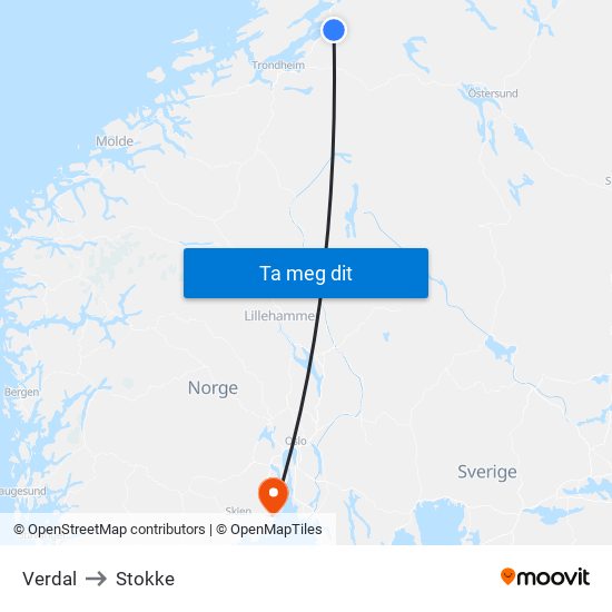 Verdal to Stokke map