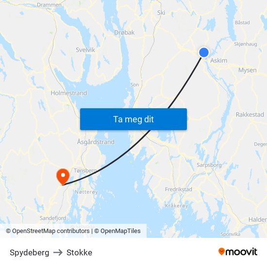 Spydeberg to Stokke map