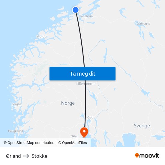 Ørland to Stokke map