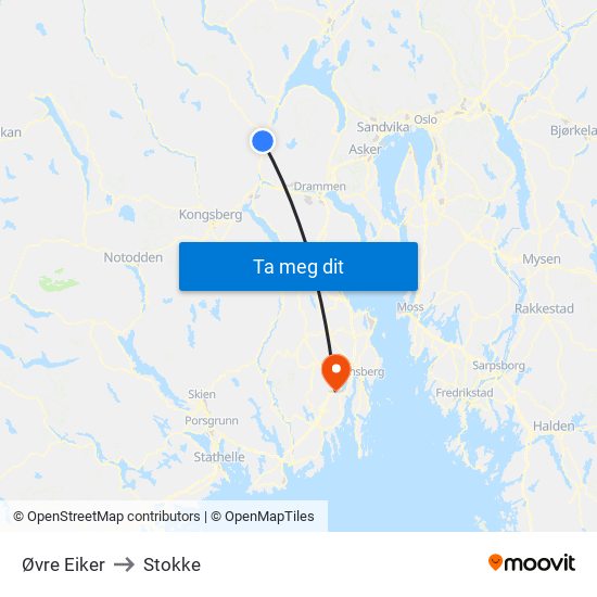 Øvre Eiker to Stokke map