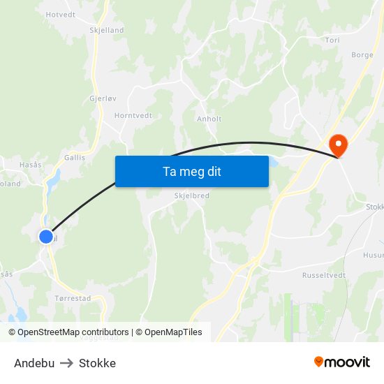 Andebu to Stokke map