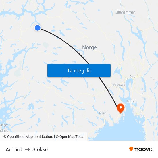 Aurland to Stokke map