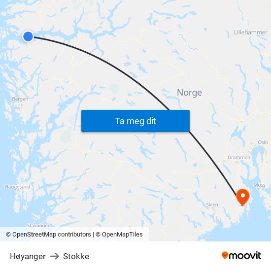 Høyanger to Stokke map