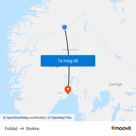 Folldal to Stokke map