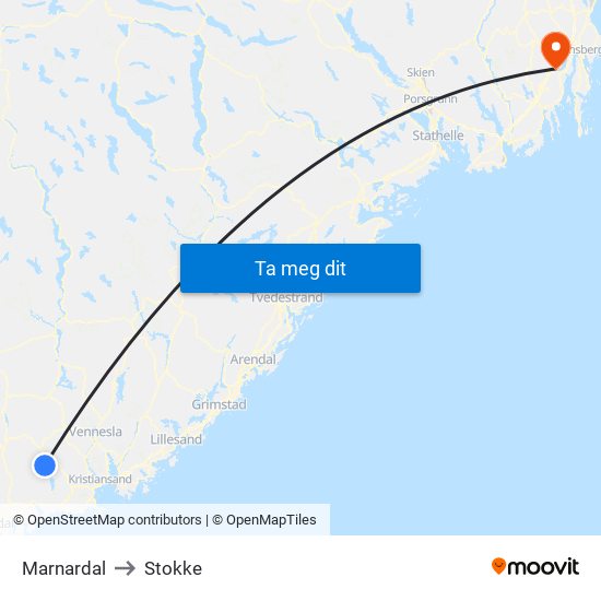 Marnardal to Stokke map