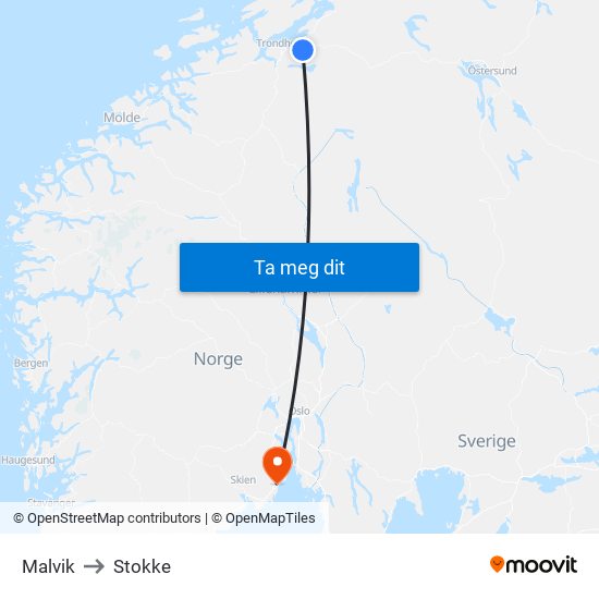 Malvik to Stokke map