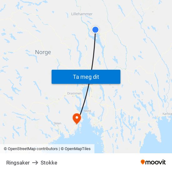 Ringsaker to Stokke map