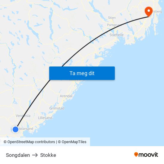 Songdalen to Stokke map