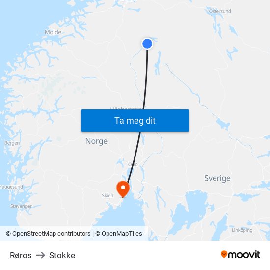 Røros to Stokke map