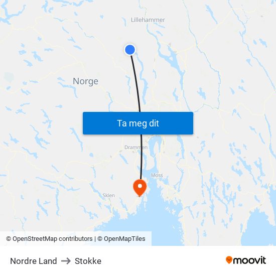 Nordre Land to Stokke map