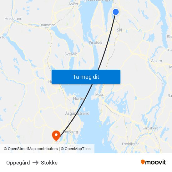 Oppegård to Stokke map