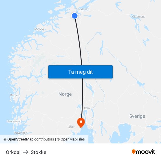 Orkdal to Stokke map