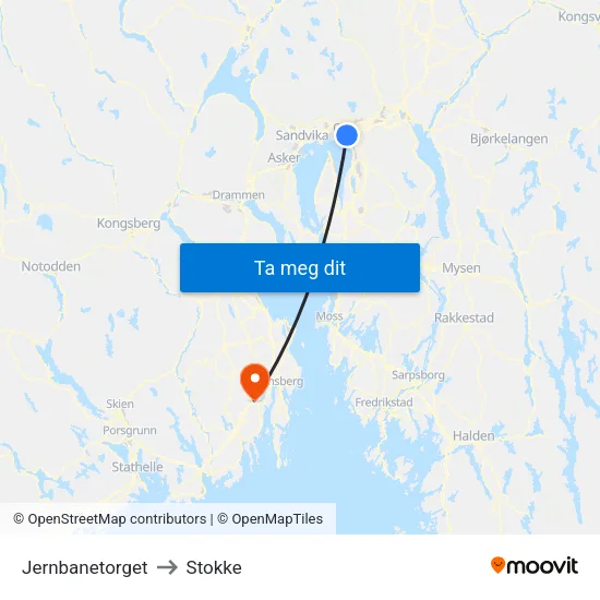 Jernbanetorget to Stokke map