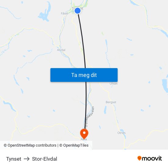 Tynset to Stor-Elvdal map