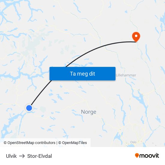 Ulvik to Stor-Elvdal map