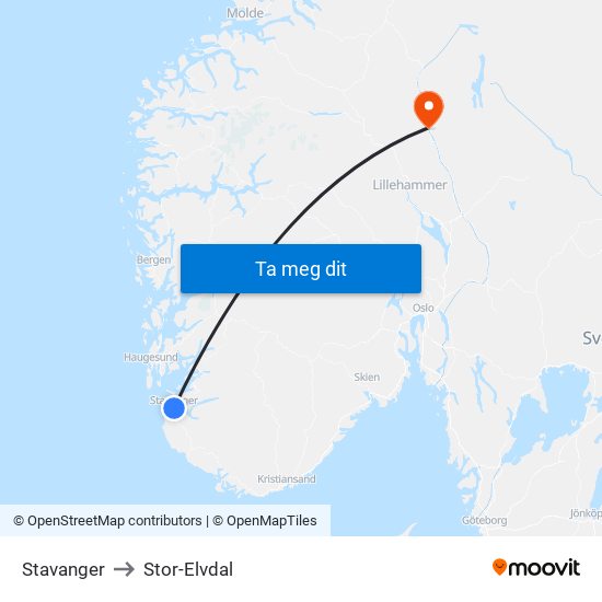 Stavanger to Stor-Elvdal map