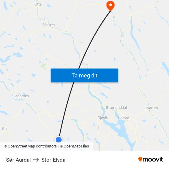 Sør-Aurdal to Stor-Elvdal map