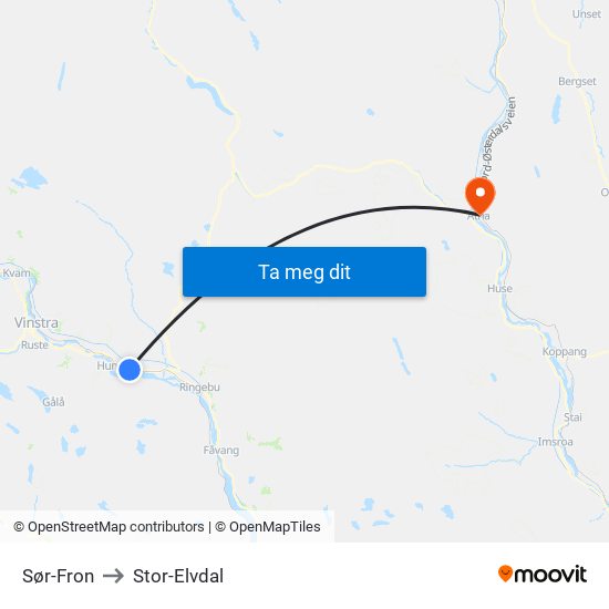 Sør-Fron to Stor-Elvdal map