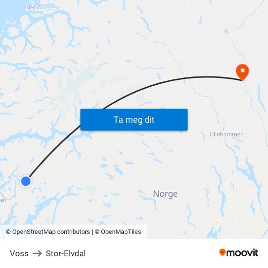 Voss to Stor-Elvdal map
