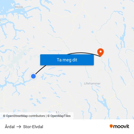 Årdal to Stor-Elvdal map