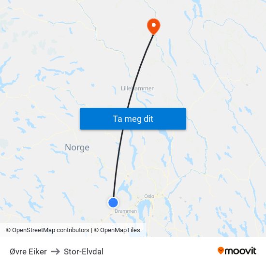 Øvre Eiker to Stor-Elvdal map