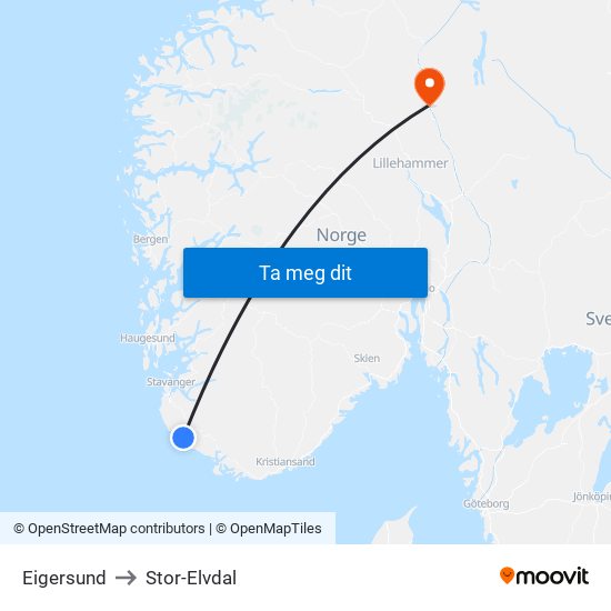 Eigersund to Stor-Elvdal map