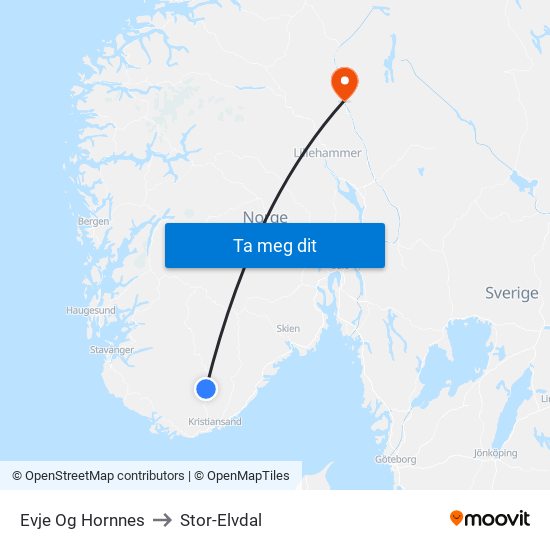 Evje Og Hornnes to Stor-Elvdal map