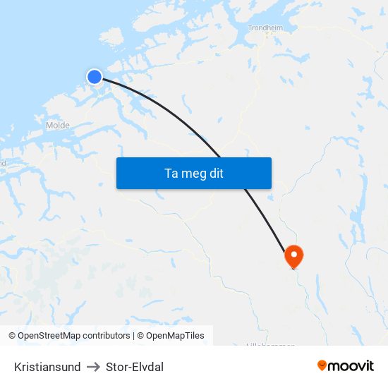 Kristiansund to Stor-Elvdal map