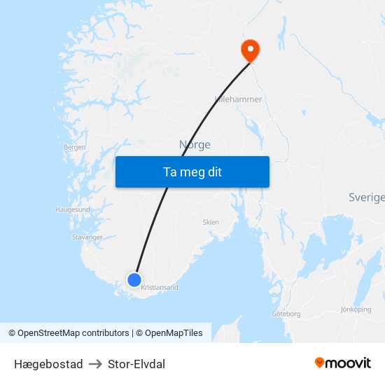 Hægebostad to Stor-Elvdal map